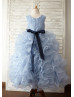 Blue Satin Organza Ruffled Flower Girl Dress With Flower Sash